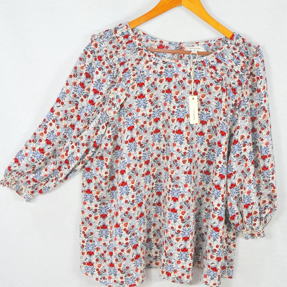 Max Studio Women's Blouse 1X 3/4 Sleeve Floral Print Red Peasant Top Shirt